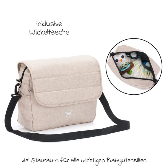 Fillikid 4-1 Kombi-Kinderwagen-Set Fill Jaguar mit Sportsitz, Babywanne mit Matratze, Babyschale, Wickeltasche mit Wickelauflage, Adapter, Regenschutz & Insektenschutz - Sand