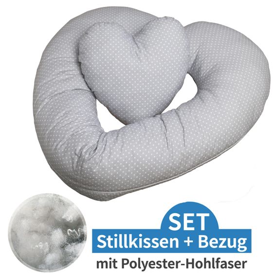 Fillikid 4 in1 Herz-Stillkissen mit Polyester-Hohlfaser-Füllung 190 cm - Punkte klein - Grau