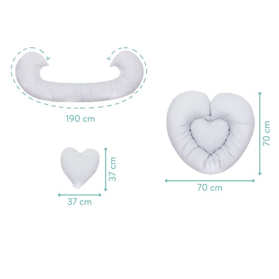 Fillikid 4 in1 Herz-Stillkissen mit Polyester-Hohlfaser-Füllung 190 cm - Punkte klein - Grau