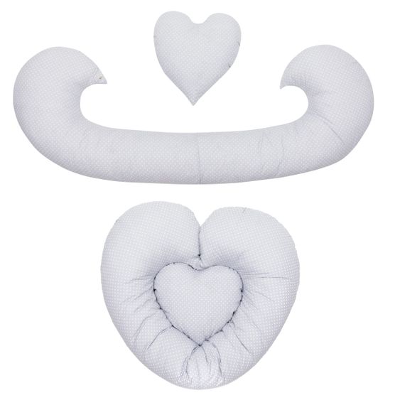 Fillikid 4 in1 Herz-Stillkissen mit Polyester-Hohlfaser-Füllung 190 cm - Punkte klein - Grau