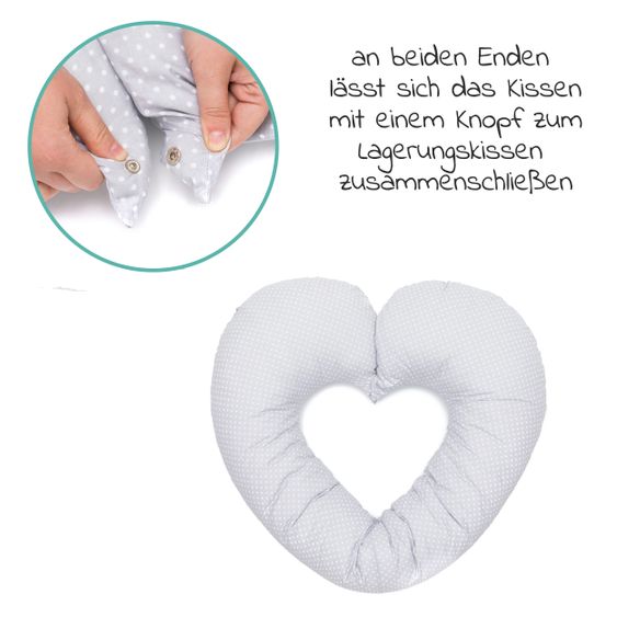 Fillikid 4 in1 Herz-Stillkissen mit Polyester-Hohlfaser-Füllung 190 cm - Punkte klein - Grau
