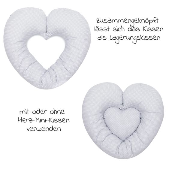 Fillikid 4 in1 Herz-Stillkissen mit Polyester-Hohlfaser-Füllung 190 cm - Punkte klein - Grau