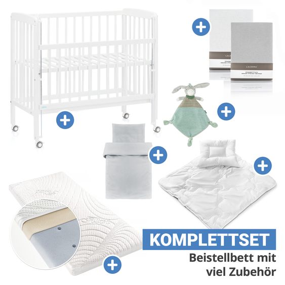 Fillikid 9-tlg. Beistellbett-Komplett-Set Nino inkl. Matratze, Bettwäsche, Spannbetttücher, Steppbett & Schmusetuch - Weiß