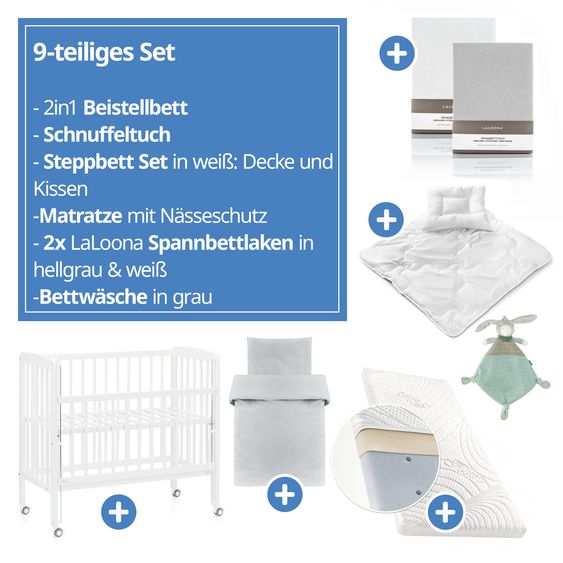 Fillikid 9-tlg. Beistellbett-Komplett-Set Nino inkl. Matratze, Bettwäsche, Spannbetttücher, Steppbett & Schmusetuch - Weiß