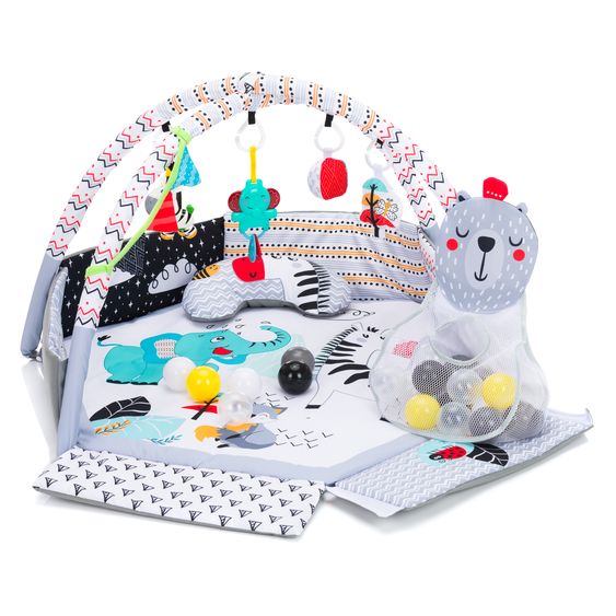 Fillikid Aktivbogen-Spielmatte mit 30 Bällen, 4 Greiffiguren & Polster 120 x 100 cm - Elefant - Bunt