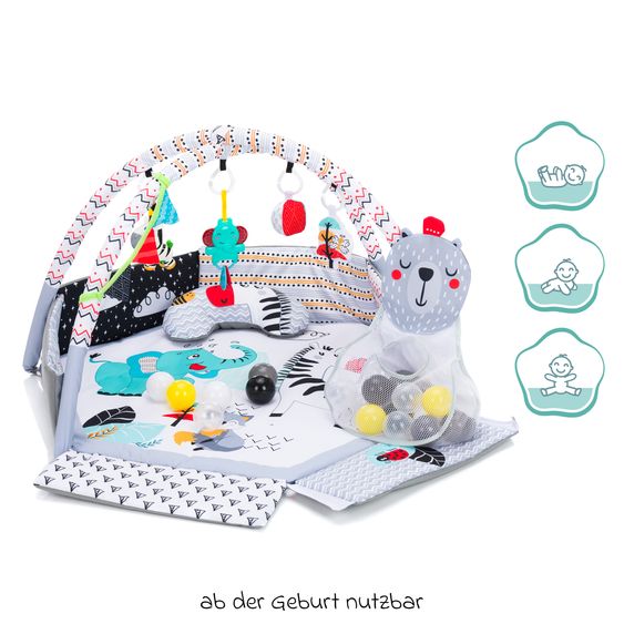 Fillikid Aktivbogen-Spielmatte mit 30 Bällen, 4 Greiffiguren & Polster 120 x 100 cm - Elefant - Bunt