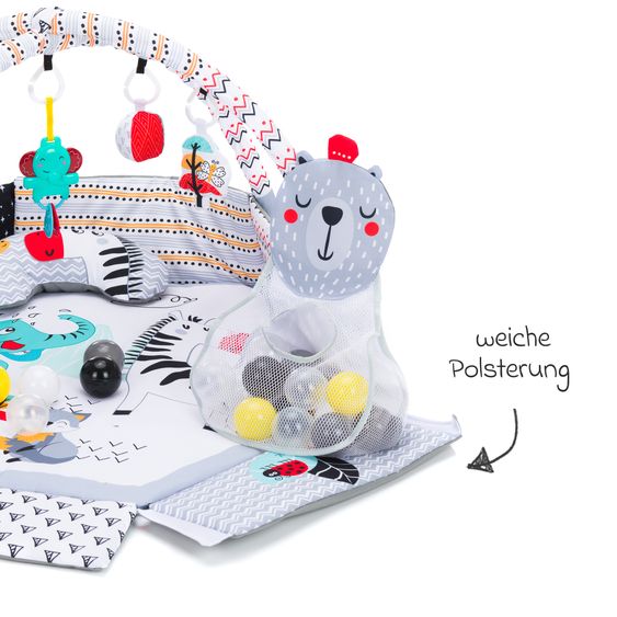 Fillikid Aktivbogen-Spielmatte mit 30 Bällen, 4 Greiffiguren & Polster 120 x 100 cm - Elefant - Bunt