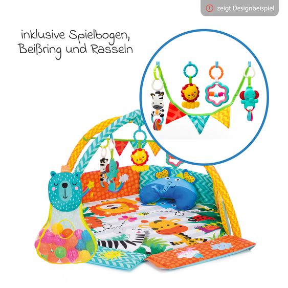 Fillikid Aktivbogen-Spielmatte mit 30 Bällen, 4 Greiffiguren & Polster 120 x 100 cm - Elefant - Bunt