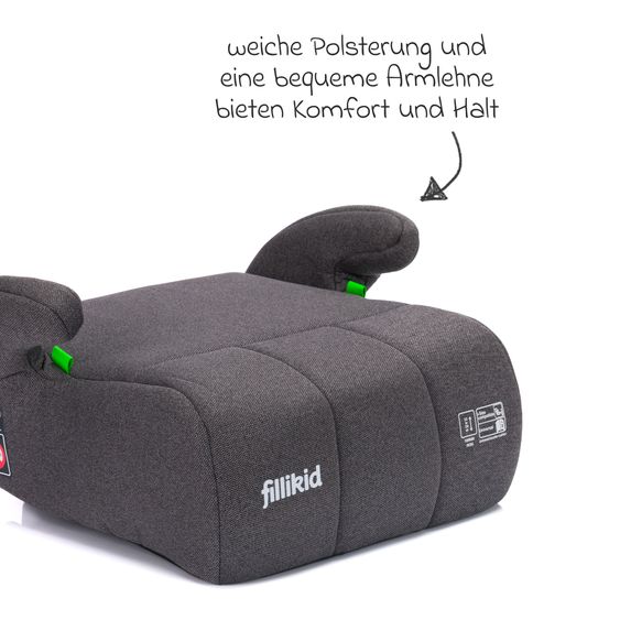 Fillikid Rialzo per seggiolino auto Booster Comfort i-Size da 7 anni - 12 anni (125 cm - 150 cm) per fissaggio con cintura - Grigio