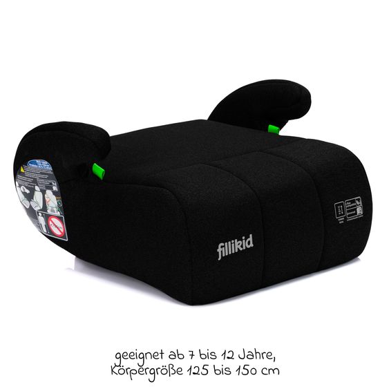 Fillikid Rialzo per seggiolino auto Booster Comfort i-Size da 7 anni - 12 anni (125 cm - 150 cm) per fissaggio con cintura - Nero