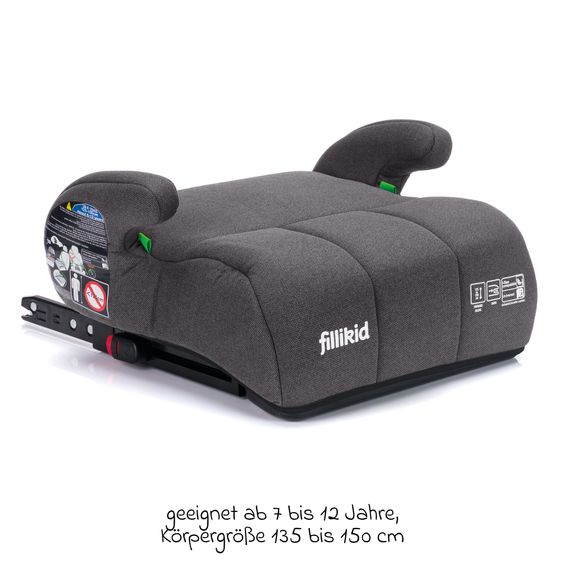 Fillikid Booster Car Seat Booster Comfort i-Size from 7 years - 12 years (125 cm - 150 cm) with ISOFIX attachment - Grey