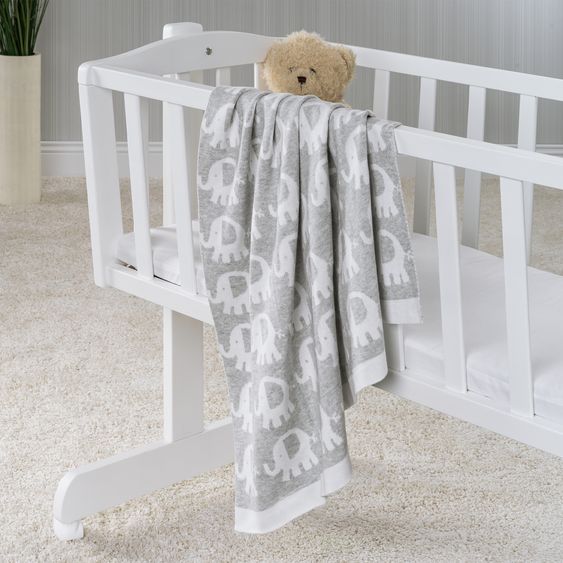 Fillikid Babydecke 75 x 100 cm in Strickoptik aus Baumwolle - Elefanten - Grau Weiß