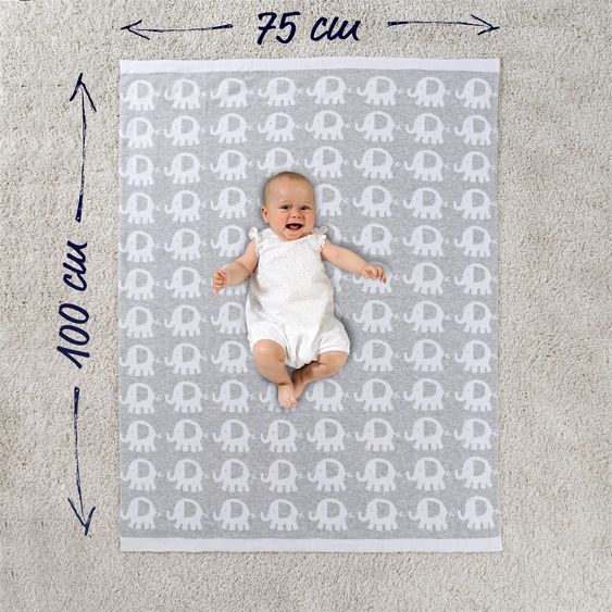 Fillikid Babydecke 75 x 100 cm in Strickoptik aus Baumwolle - Elefanten - Grau Weiß