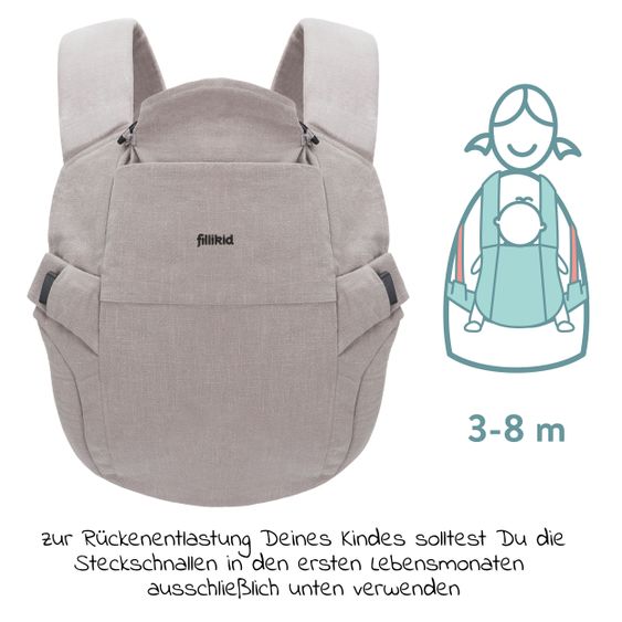 Fillikid Babytrage Natural ab 3,5 -20 kg für Bauch-, Hüft und Rückentrageposition - Grau