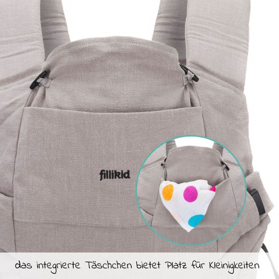 Fillikid Babytrage Natural ab 3,5 -20 kg für Bauch-, Hüft und Rückentrageposition - Grau