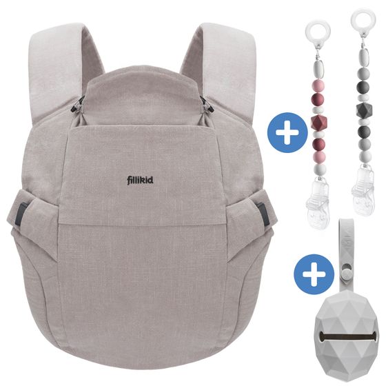 Fillikid Natural baby carrier from 3.5 -20 kg for tummy, hip and back carrying position incl. silicone pacifier box diamond light gray + set of 2 pacifier chains gray berry - gray