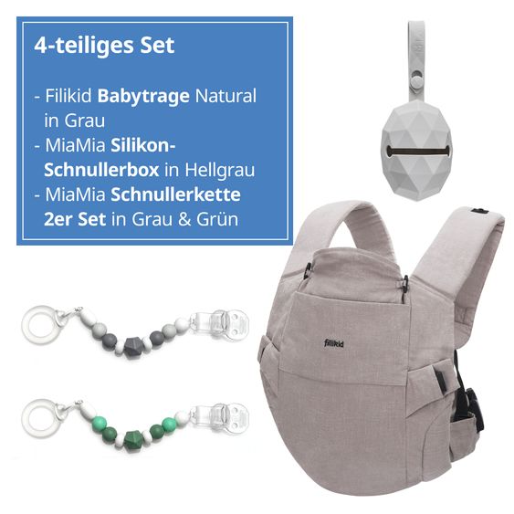 Fillikid Babytrage Natural ab 3,5 -20 kg für Bauch-, Hüft und Rückentrageposition inkl. Silikon-Schnullerbox Diamant Hellgrau + 2er Set Schnullerketten Grau Grün - Grau