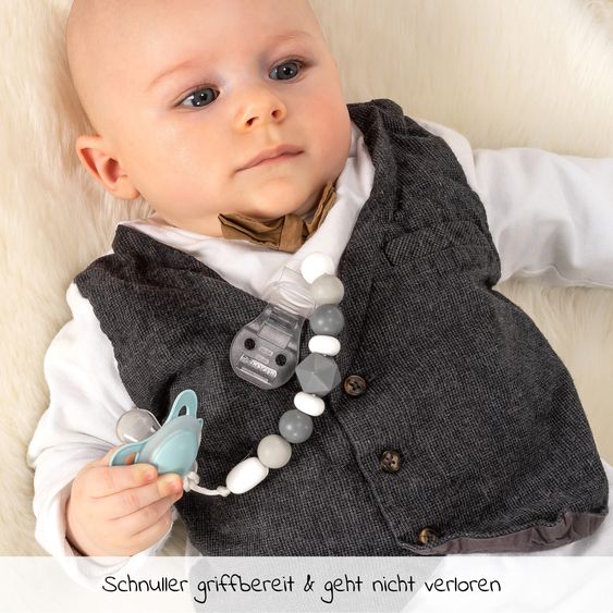 Fillikid Babytrage Natural ab 3,5 -20 kg für Bauch-, Hüft und Rückentrageposition inkl. Silikon-Schnullerbox Diamant Hellgrau + 2er Set Schnullerketten Grau Grün - Grau