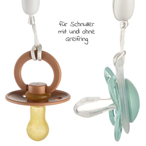 Fillikid Babytrage Natural ab 3,5 -20 kg für Bauch-, Hüft und Rückentrageposition inkl. Silikon-Schnullerbox Diamant Hellgrau + 2er Set Schnullerketten Grau Grün - Grau