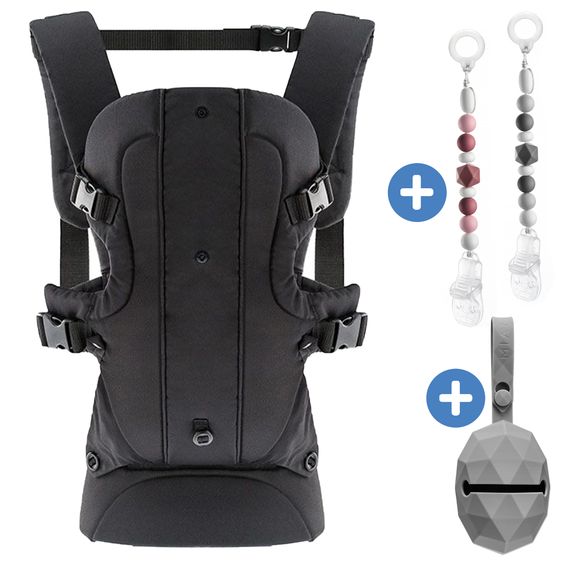 Fillikid Baby carrier Walk 4in1 incl. silicone pacifier box diamond gray + set of 2 pacifier chains gray berry - black