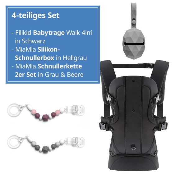 Fillikid Marsupio Walk 4in1 con scatola portaciuccio in silicone grigio diamante + set di 2 catene portaciuccio grigio bacca - nero