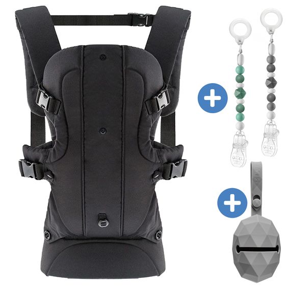 Fillikid Marsupio Walk 4in1 con scatola portaciuccio in silicone grigio diamante + set di 2 catene portaciuccio grigio verde - nero