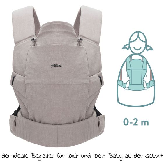 Fillikid Babytrage & Wetterschutz Natural ab 3,5 -20 kg für Bauch-, Hüft und Rückentrageposition - Grau