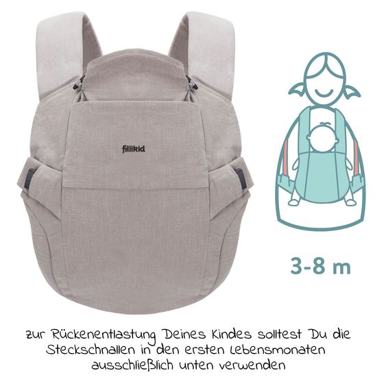 Fillikid Babytrage & Wetterschutz Natural ab 3,5 -20 kg für Bauch-, Hüft und Rückentrageposition - Grau