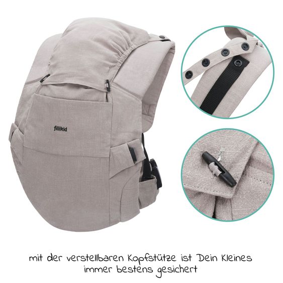 Fillikid Babytrage & Wetterschutz Natural ab 3,5 -20 kg für Bauch-, Hüft und Rückentrageposition - Grau