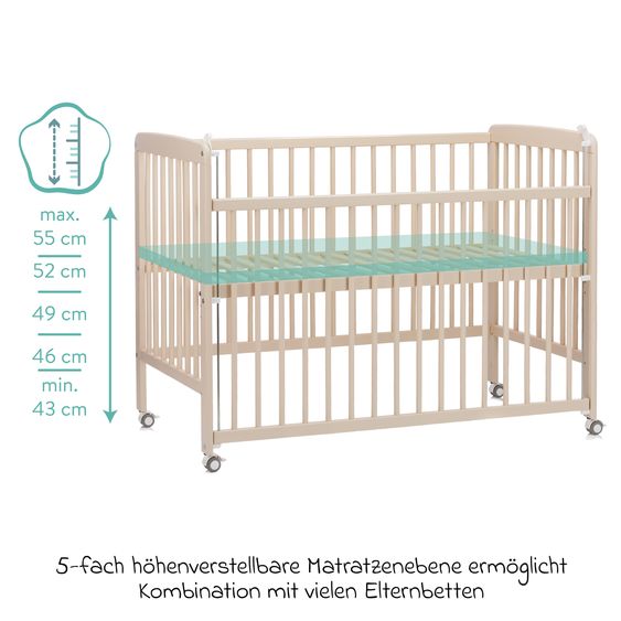 Fillikid Beistellgitterbett Nena aus massivem Buchenholz mit 4 feststellbaren Rollen 60 x 120 cm - Champagner