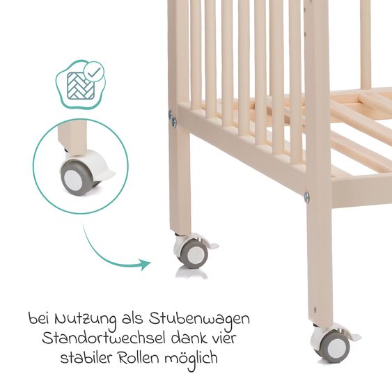 Fillikid Beistellgitterbett Nena aus massivem Buchenholz mit 4 feststellbaren Rollen 60 x 120 cm - Champagner