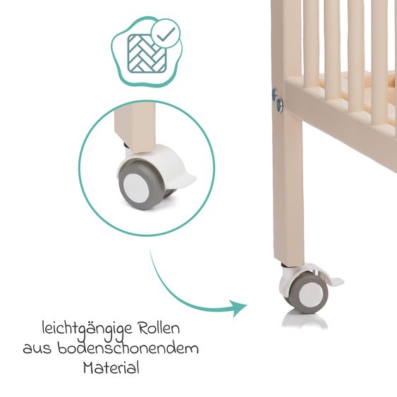 Fillikid Beistellgitterbett Nena aus massivem Buchenholz mit 4 feststellbaren Rollen 60 x 120 cm - Champagner