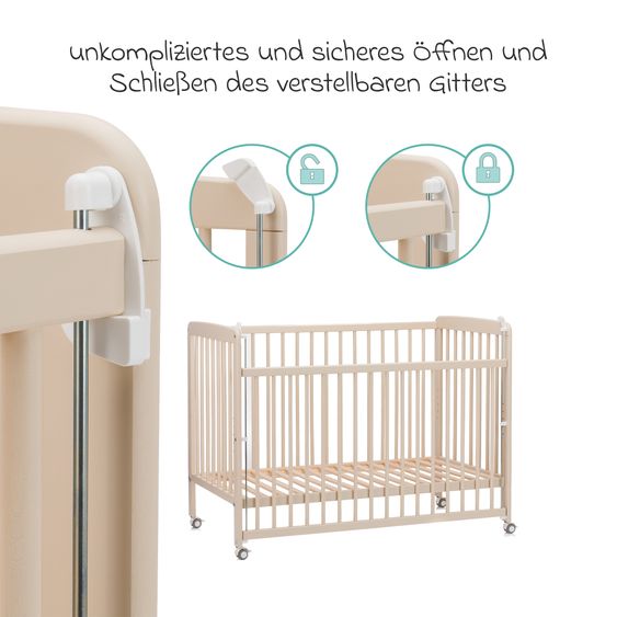 Fillikid Beistellgitterbett Nena aus massivem Buchenholz mit 4 feststellbaren Rollen 60 x 120 cm - Champagner