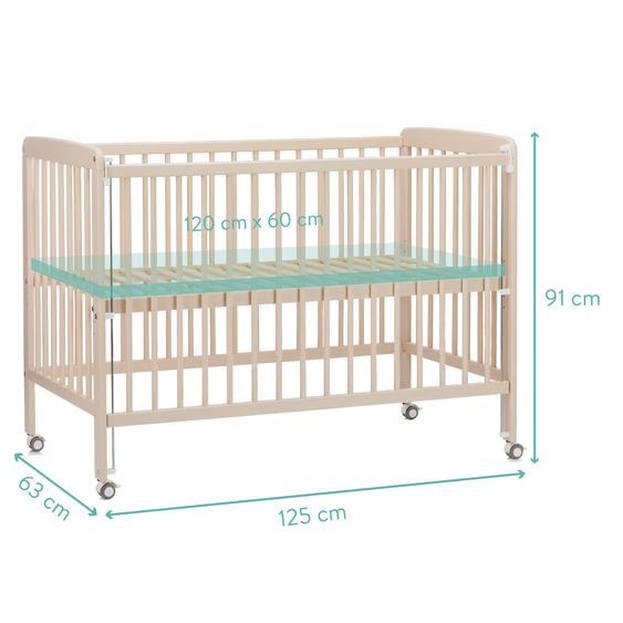 Fillikid Beistellgitterbett Nena aus massivem Buchenholz mit 4 feststellbaren Rollen 60 x 120 cm - Champagner
