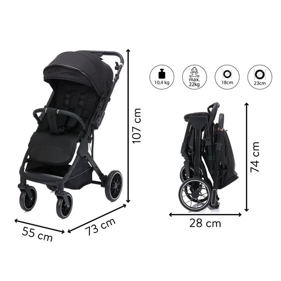 Fillikid Passeggino Leggero & Sportivo Axis bis 22 kg con cursore girevole & freno di stazionamento alla maniglia incl. pacchetto protezione - Nero