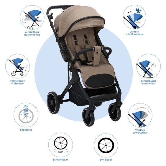 Fillikid Passeggino Leggero & Sportivo Axis bis 22 kg con cursore girevole & freno di stazionamento alla maniglia incl. pacchetto protezione - Taupe