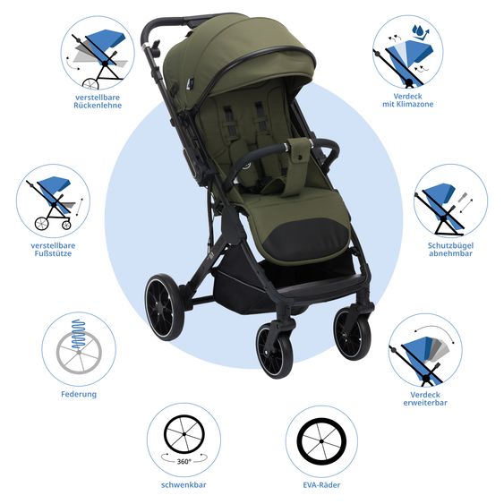 Fillikid Buggy & stroller Axis up to 22 kg with Swivel Handlebar & Parking Brake on Handle - Olive