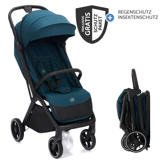 Fillikid Buggy & Sportwagen Cooper bis 22 kg belastbar mit Liegeposition und Autofold-Mechanismus nur 7,1 kg inkl. Schutzpaket - Türkis Schwarz