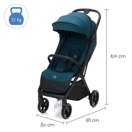 Fillikid Buggy & Sportwagen Cooper bis 22 kg belastbar mit Liegeposition und Autofold-Mechanismus nur 7,1 kg inkl. Schutzpaket - Türkis Schwarz