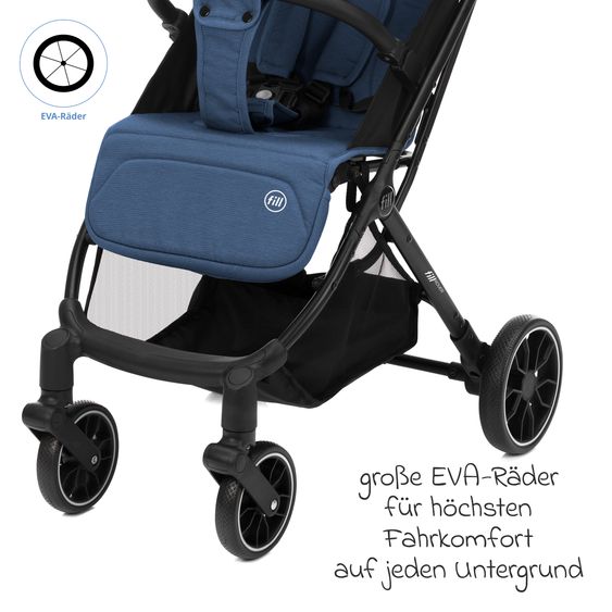 Fillikid Buggy e Passeggino sportivo Fill Rover bis 22 kg resistente con posizione reclinabile, funzione trolley solo 6,8 kg incl. pacchetto protezione - Denim