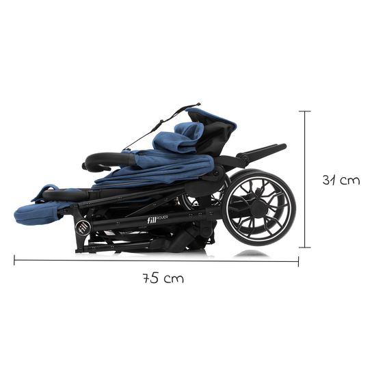 Fillikid Buggy e Passeggino sportivo Fill Rover bis 22 kg resistente con posizione reclinabile, funzione trolley solo 6,8 kg incl. pacchetto protezione - Denim