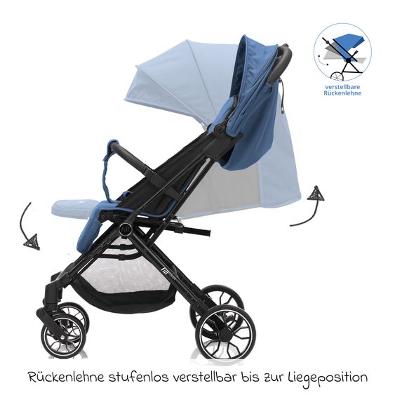 Fillikid Buggy e Passeggino sportivo Fill Rover bis 22 kg resistente con posizione reclinabile, funzione trolley solo 6,8 kg incl. pacchetto protezione - Denim