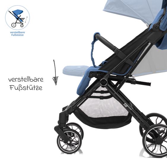 Fillikid Buggy e Passeggino sportivo Fill Rover bis 22 kg resistente con posizione reclinabile, funzione trolley solo 6,8 kg incl. pacchetto protezione - Denim