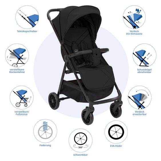 Fillikid Buggy & Stroller Milo up to 22 kg only 5.3 kg light with reclining function - Black