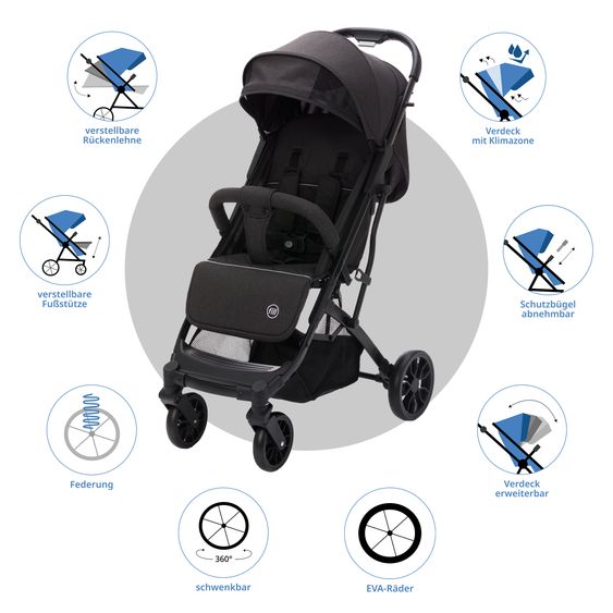 Fillikid Styler Elite passeggino e carrozzina fino a 22 kg con funzione trolley e funzione reclinabile - nero