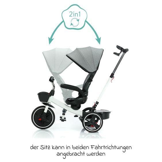 Fillikid Niki 360 tricycle with swivel seat, height-adjustable push bar, sun canopy, freewheel & storage basket White Grey