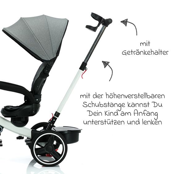 Fillikid Niki 360 tricycle with swivel seat, height-adjustable push bar, sun canopy, freewheel & storage basket White Grey