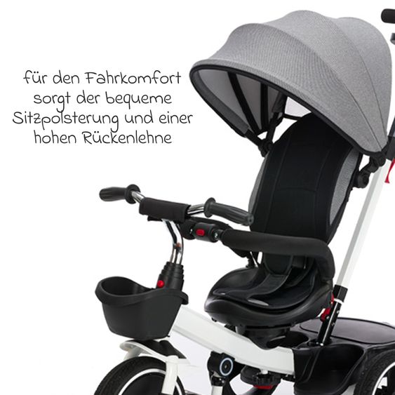 Fillikid Niki 360 tricycle with swivel seat, height-adjustable push bar, sun canopy, freewheel & storage basket White Grey