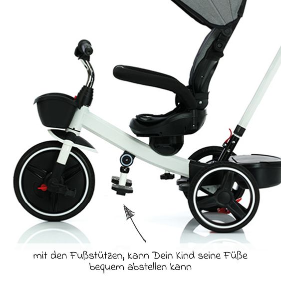 Fillikid Niki 360 tricycle with swivel seat, height-adjustable push bar, sun canopy, freewheel & storage basket White Grey