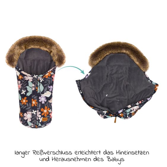 Fillikid Fleece-Fußsack mit Fellkragen Lhotse für Babyschale und Babywanne - Blumen